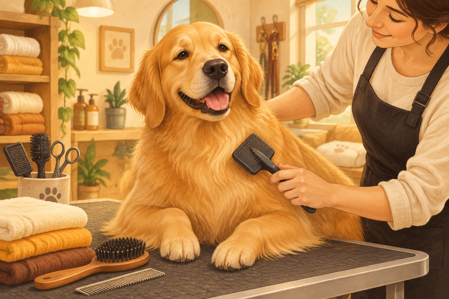 Dog being groomed with gentle care