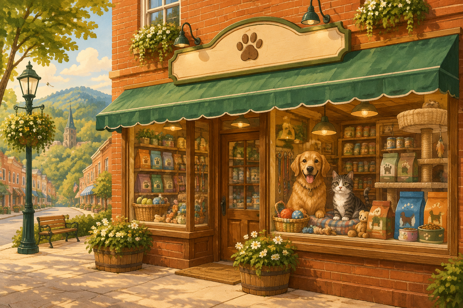 Illustration of the Thunder Valley Pet Suppy storefront on Main Street